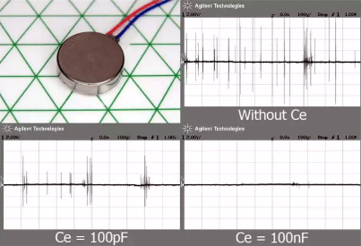 降低輻射和傳導噪聲最簡單的解決方案是在電機端子之間放置一個陶瓷電容器 降低輻射和傳導噪聲最簡單的解決方案是在電機端子之間放置一個陶瓷電容器
