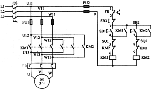 帶限位的接觸器連鎖正反轉(zhuǎn)控制電路 帶限位的接觸器連鎖正反轉(zhuǎn)控制電路