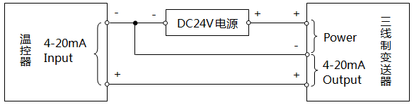 溫控器與三線制變送器接線示意圖(外接DC24V電源) 溫控器與三線制變送器接線示意圖(外接DC24V電源)