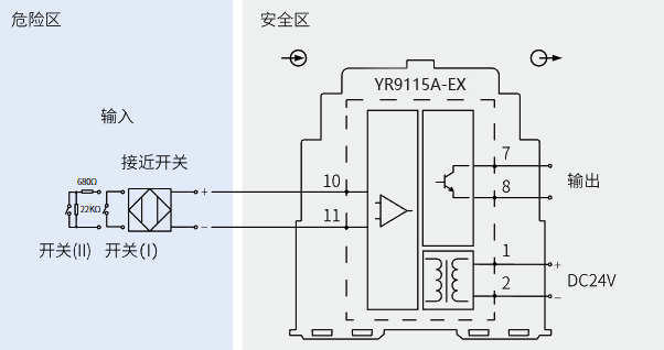 一入一出開關(guān)量安全柵(晶閘管輸出)接線圖 一入一出開關(guān)量安全柵(晶閘管輸出)接線圖