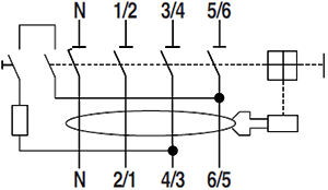 對于N極在左側的4P漏電保護開關,測試按鈕回路是串聯在3/4-4/3和5/6-6/5兩極 對于N極在左側的4P漏電保護開關,測試按鈕回路是串聯在3/4-4/3和5/6-6/5兩極